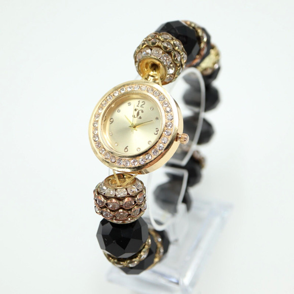 Charming Charlie Gold Tone Large Bead Watch 31mm Gem Set Stretch w New Battery - Picture 1 of 16
